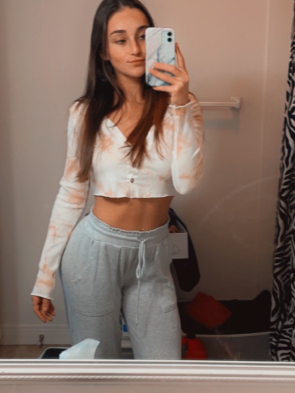 Long Sleeve Tie-Dye Crop Top - White & Peach